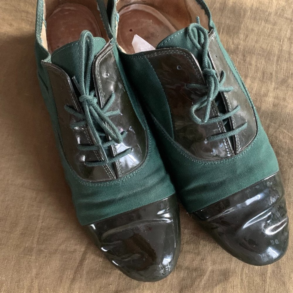 Repetto Patent Leather & Fabric Green Oxford Flats, Sz 39
